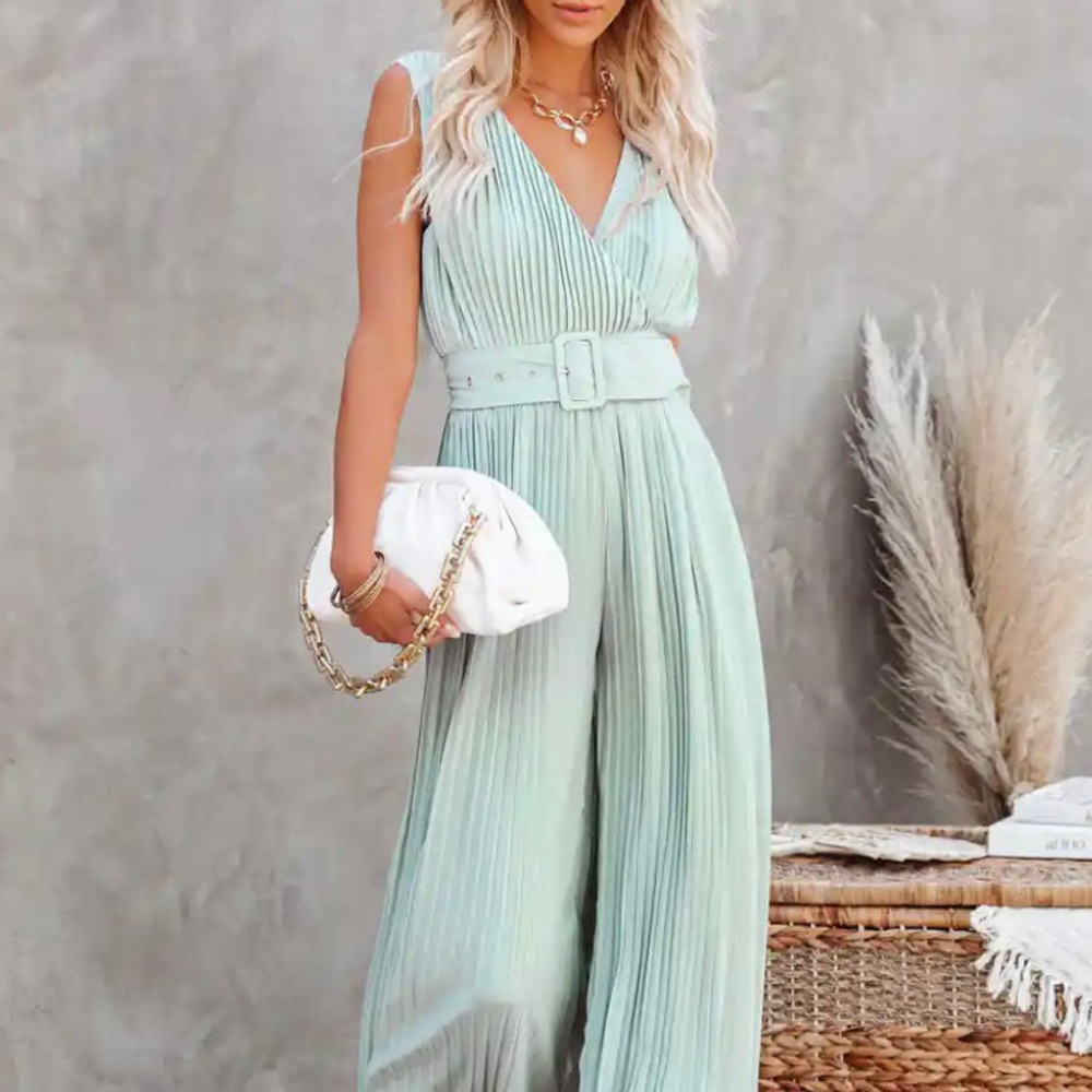 Pleated wide leg jumpsuit with belt detail- Sage Green